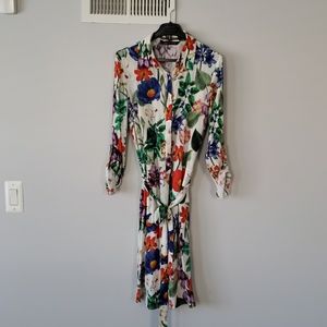 Zara Botanical Print Off White Belted Dress S